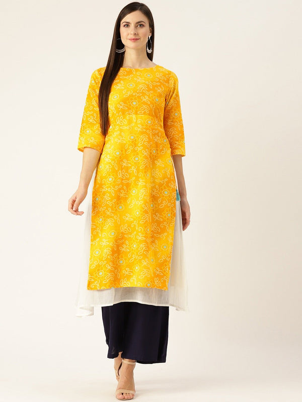 Women Yellow Calf Length Three-Quarter Sleeves A-Line Bandhani Printed Cotton Kurta | NOZ2TOZ - Made In INDIA.