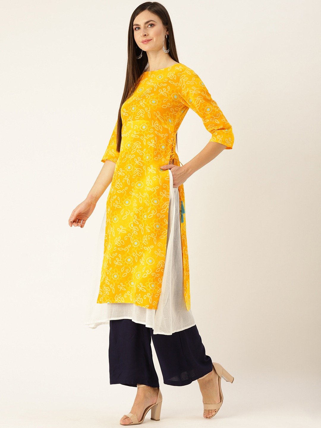 Women Yellow Calf Length Three-Quarter Sleeves A-Line Bandhani Printed Cotton Kurta | NOZ2TOZ - Made In INDIA.