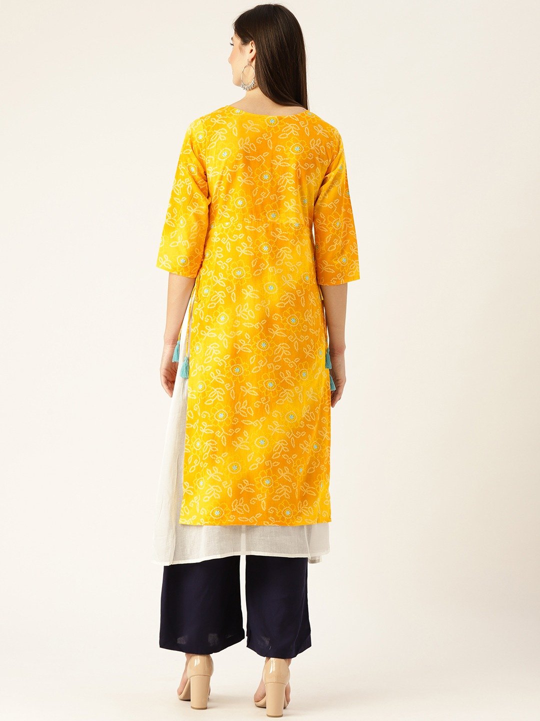 Women Yellow Calf Length Three-Quarter Sleeves A-Line Bandhani Printed Cotton Kurta | NOZ2TOZ - Made In INDIA.