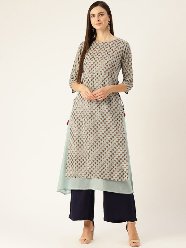 Women Metallic Blue Calf Length Three-Quarter Sleeves A-Line Ethnic Motifs Printed Cotton Kurta | NOZ2TOZ - Made In INDIA.