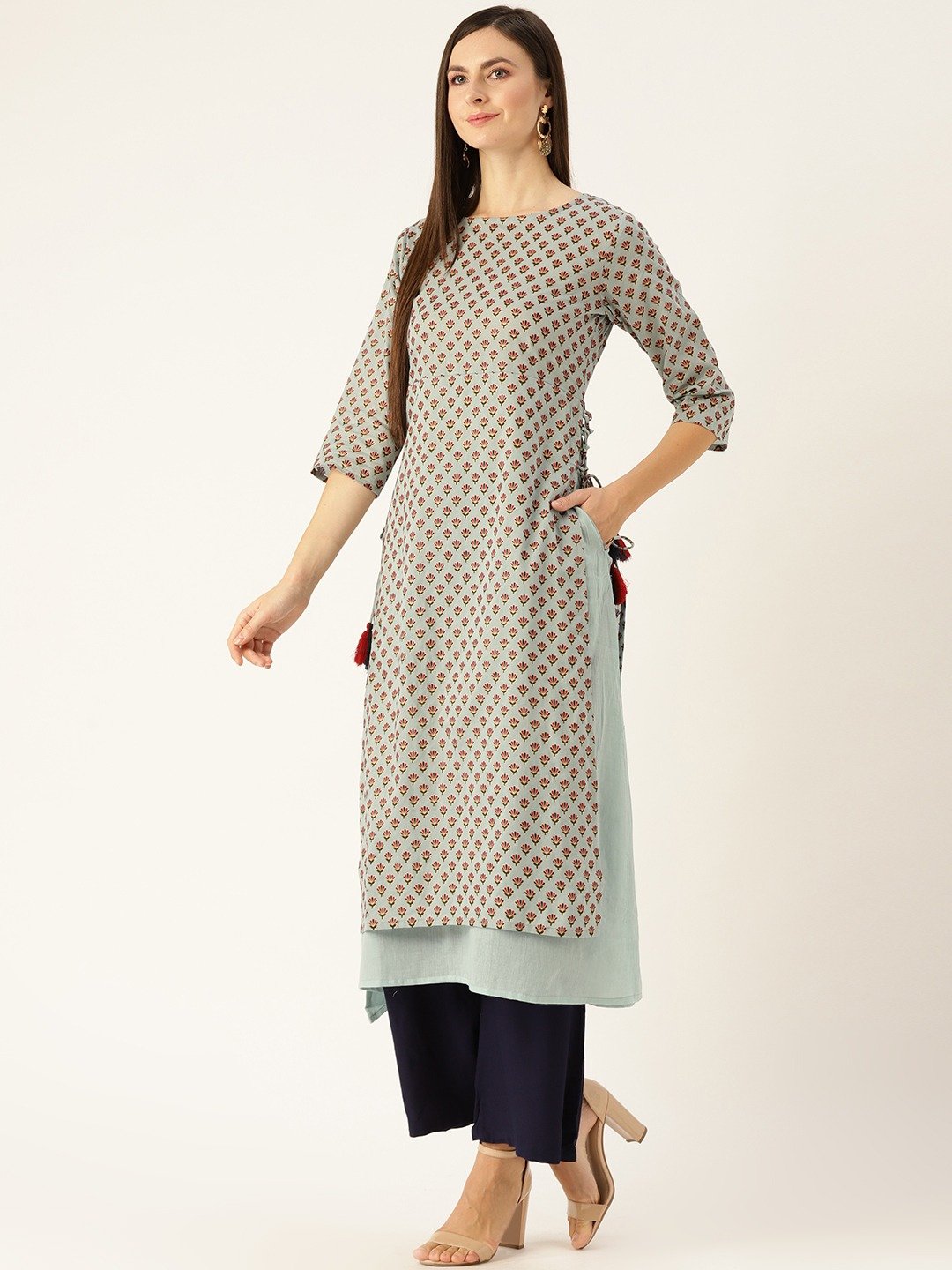 Women Metallic Blue Calf Length Three-Quarter Sleeves A-Line Ethnic Motifs Printed Cotton Kurta | NOZ2TOZ - Made In INDIA.