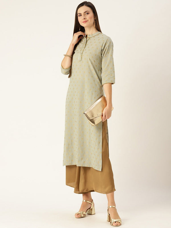 Women Grey Calf Length Three-Quarter Sleeves A-Line Ethnic Motifs Printed Cotton Kurta | NOZ2TOZ - Made In INDIA.