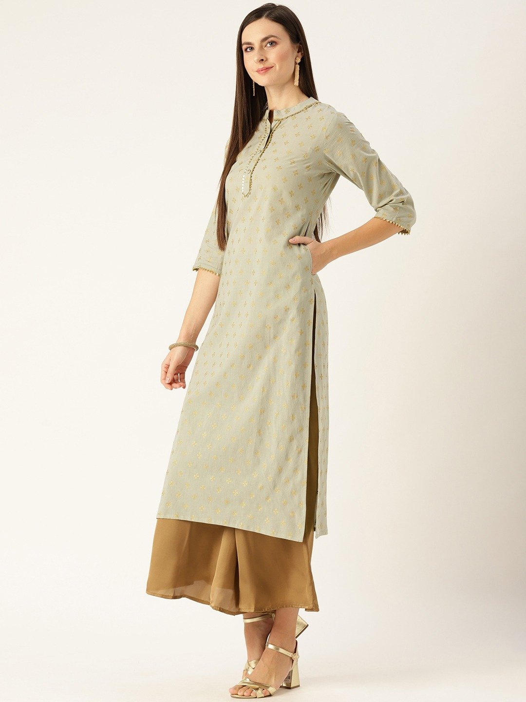 Women Grey Calf Length Three-Quarter Sleeves A-Line Ethnic Motifs Printed Cotton Kurta | NOZ2TOZ - Made In INDIA.