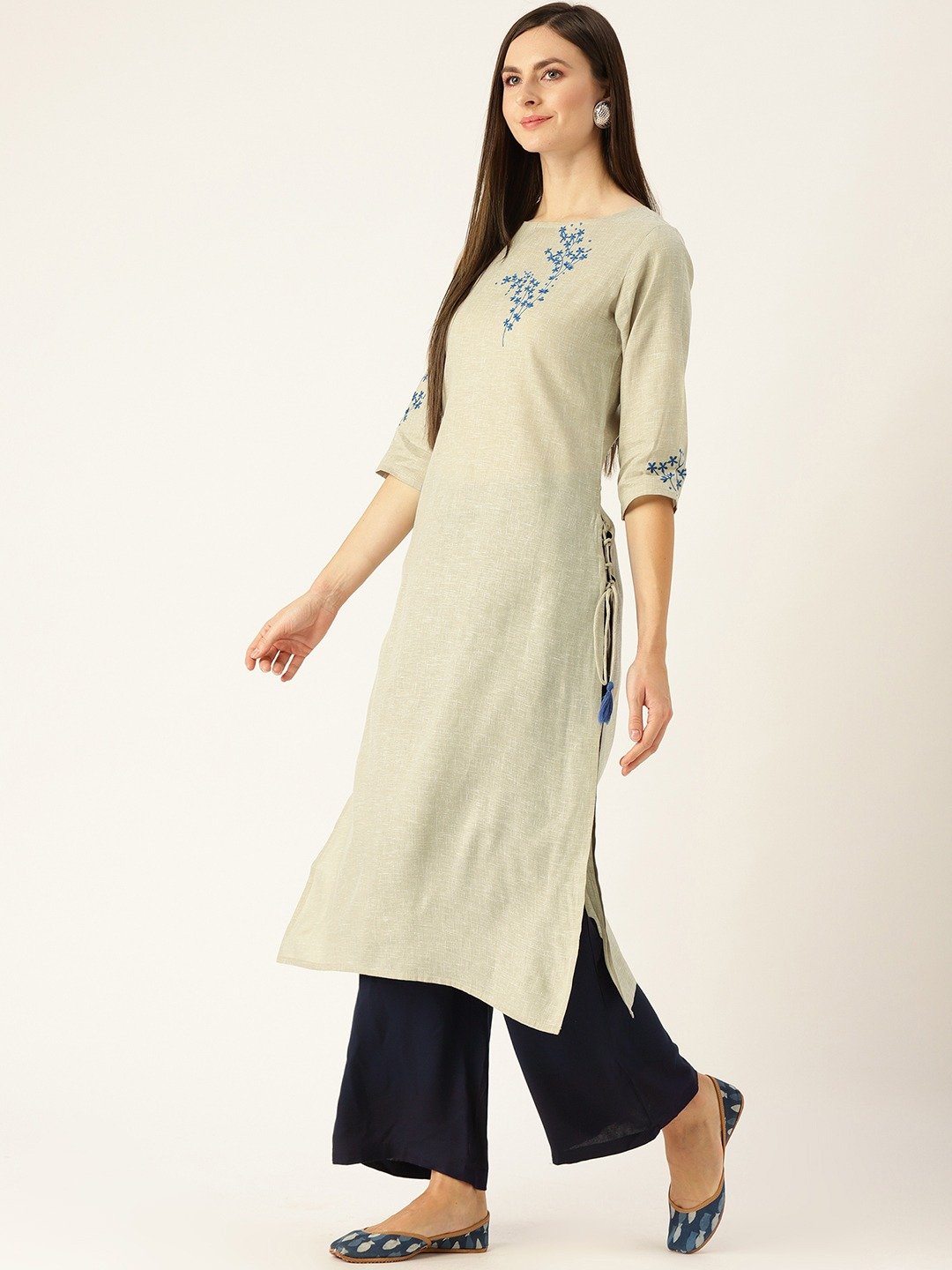 Women Grey Calf Length Three-Quarter Sleeves Straight Woven Design Embroidered Cotton Kurta | NOZ2TOZ - Made In INDIA.