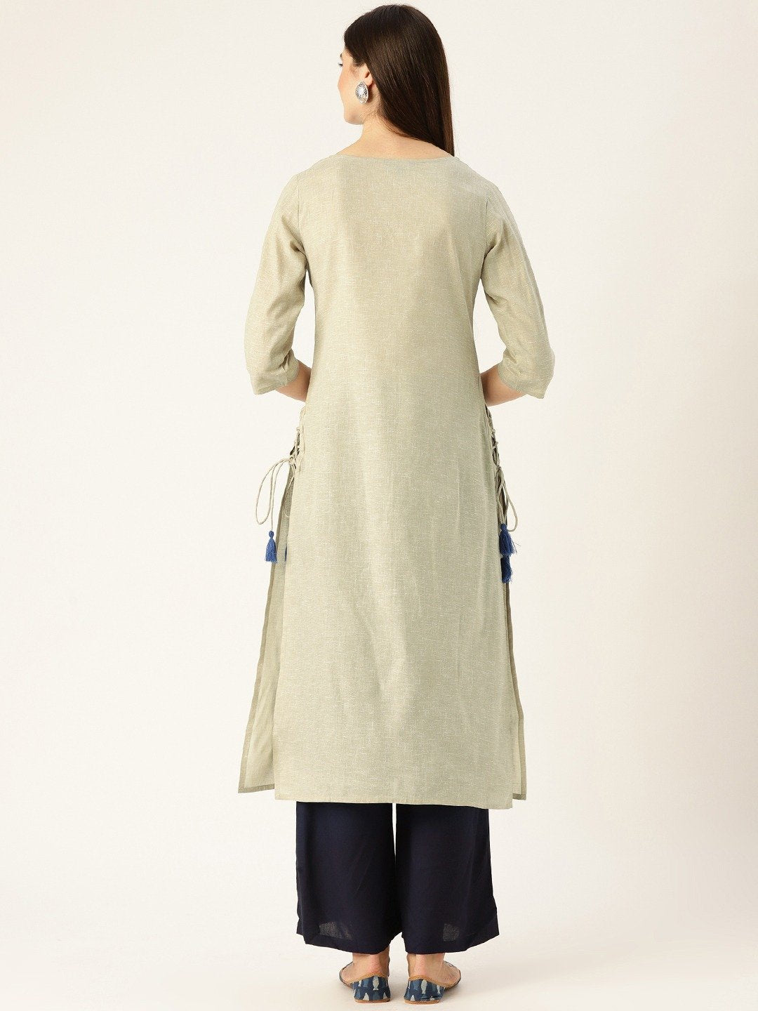 Women Grey Calf Length Three-Quarter Sleeves Straight Woven Design Embroidered Cotton Kurta | NOZ2TOZ - Made In INDIA.