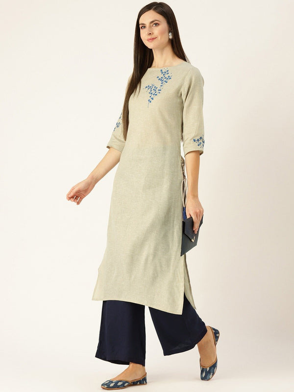 Women Grey Calf Length Three-Quarter Sleeves Straight Woven Design Embroidered Cotton Kurta | NOZ2TOZ - Made In INDIA.