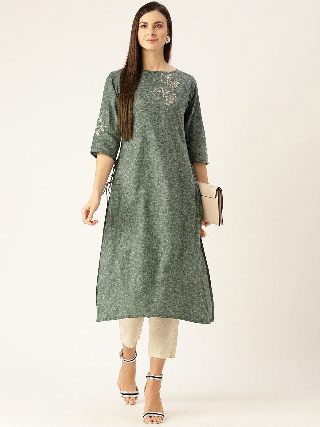 Women Dark Grey Calf Length Three-Quarter Sleeves Straight Woven Design Embroidered Cotton Kurta | NOZ2TOZ - Made In INDIA.