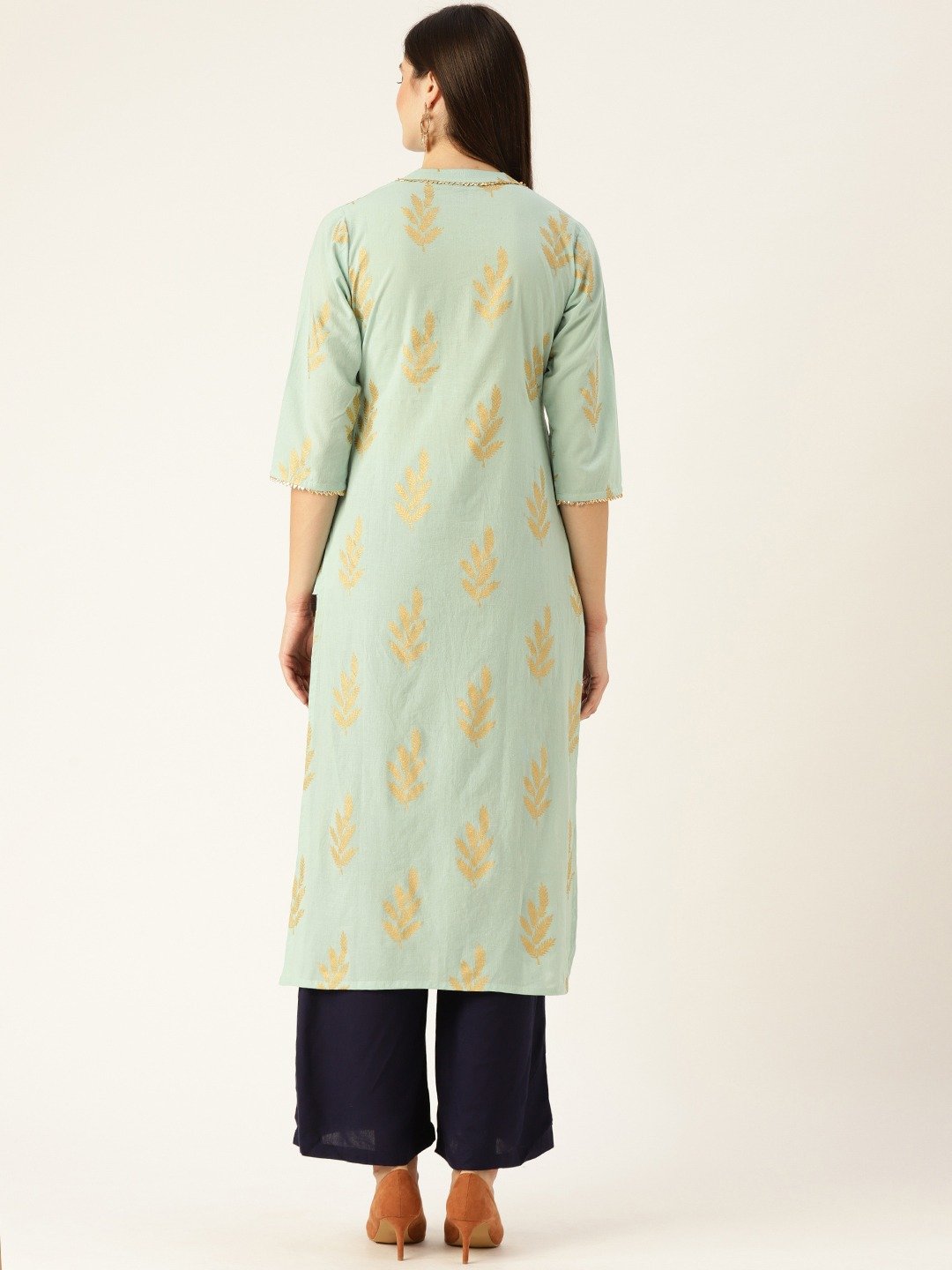 Women Blue Calf Length Three-Quarter Sleeves A-Line Ethnic Motifs Yoke Design Cotton Kurta | NOZ2TOZ - Made In INDIA.