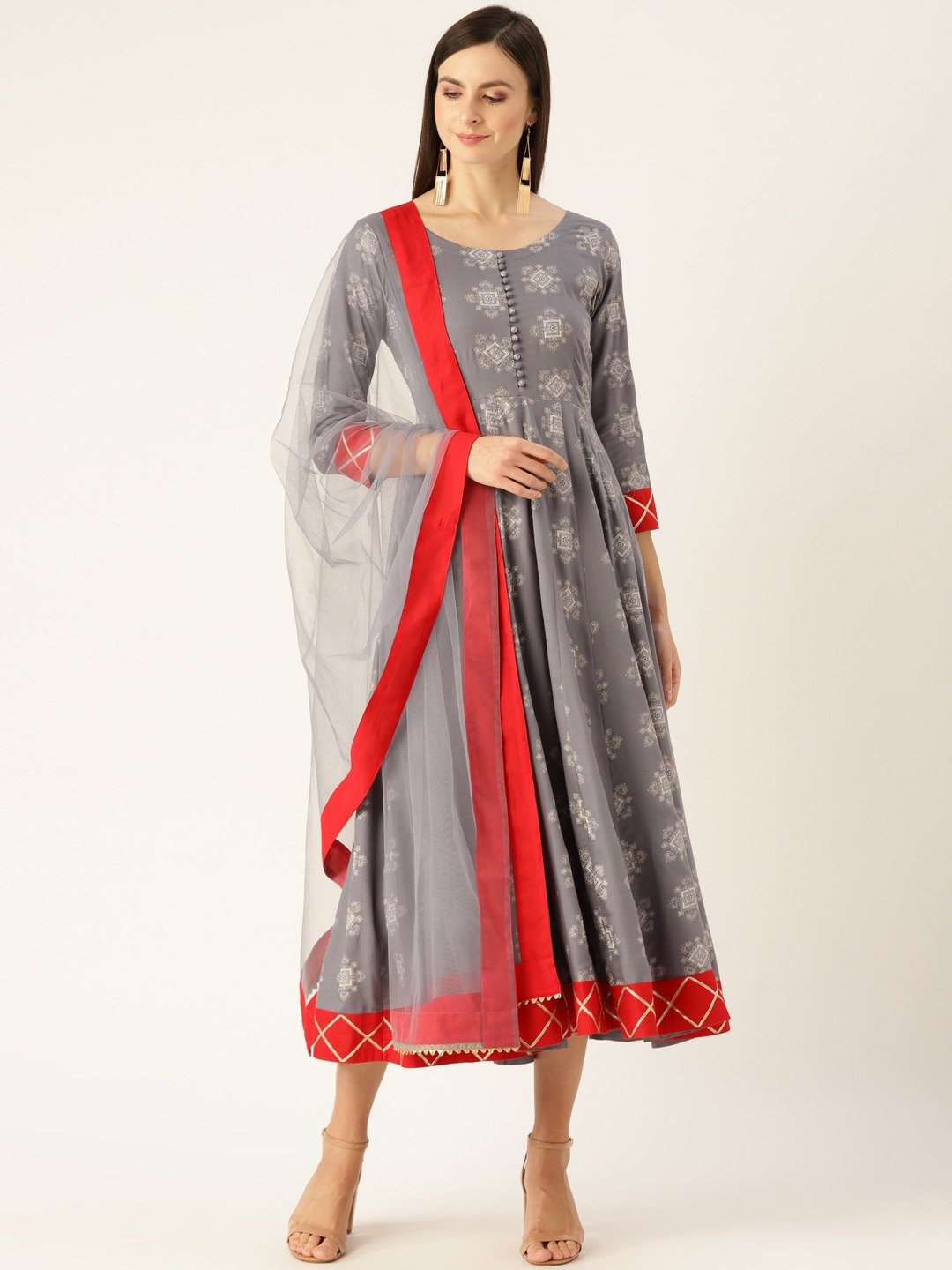 Women Grey Ethnic Motifs Printed Round Neck Viscose Rayon A-Line Dress | NOZ2TOZ - Made In INDIA.