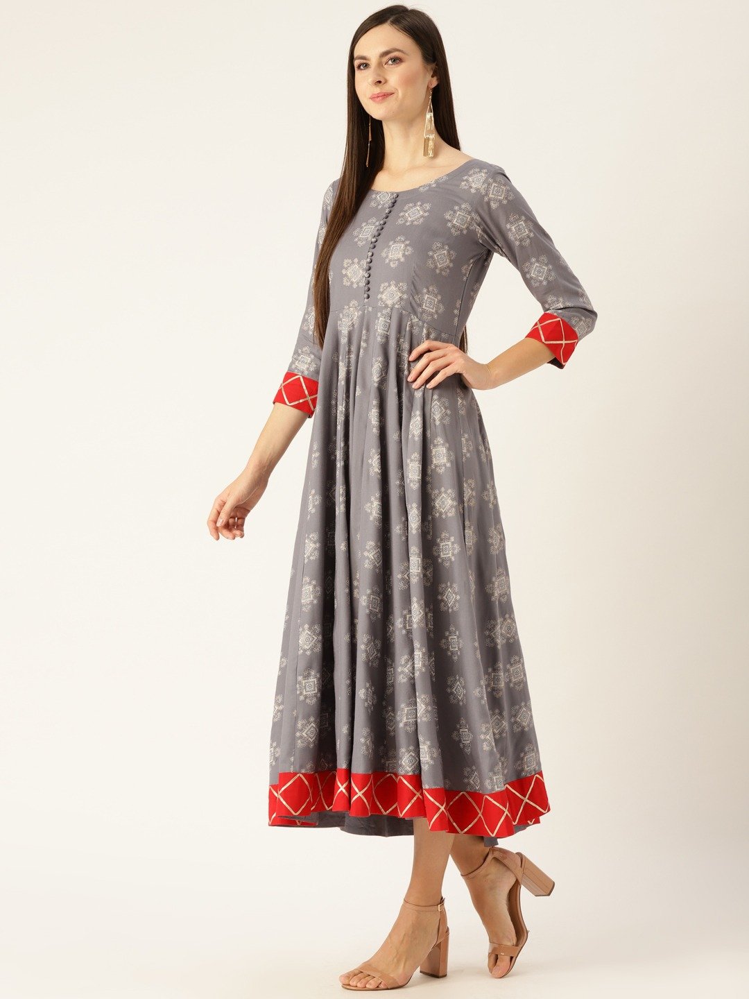 Women Grey Ethnic Motifs Printed Round Neck Viscose Rayon A-Line Dress | NOZ2TOZ - Made In INDIA.