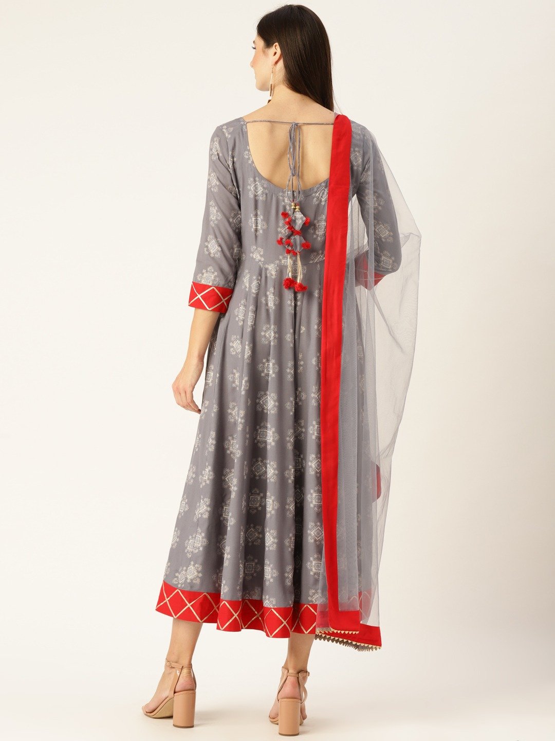 Women Grey Ethnic Motifs Printed Round Neck Viscose Rayon A-Line Dress | NOZ2TOZ - Made In INDIA.