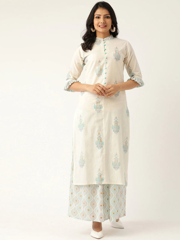 Women White & Grey Printed Kurta with Palazzos | NOZ2TOZ - Made In INDIA.