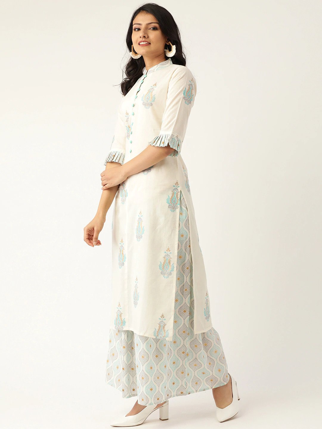 Women White & Grey Printed Kurta with Palazzos | NOZ2TOZ - Made In INDIA.