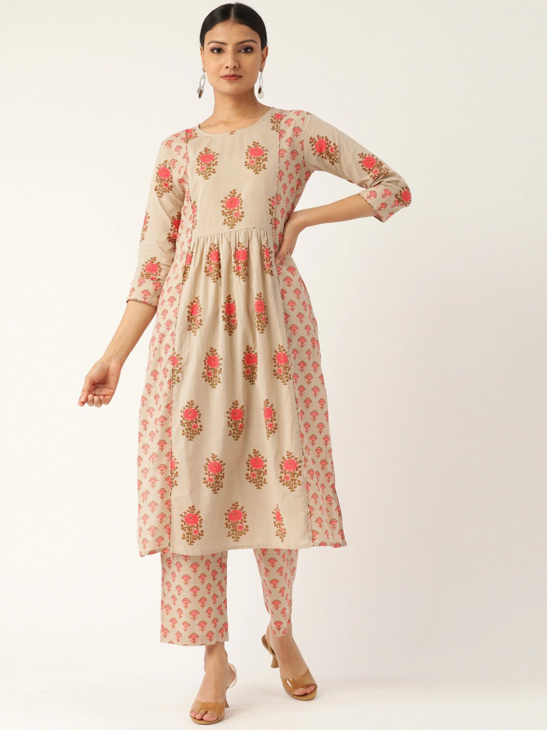 Women Beige & Pink Printed Kurta with Palazzos | NOZ2TOZ - Made In INDIA.