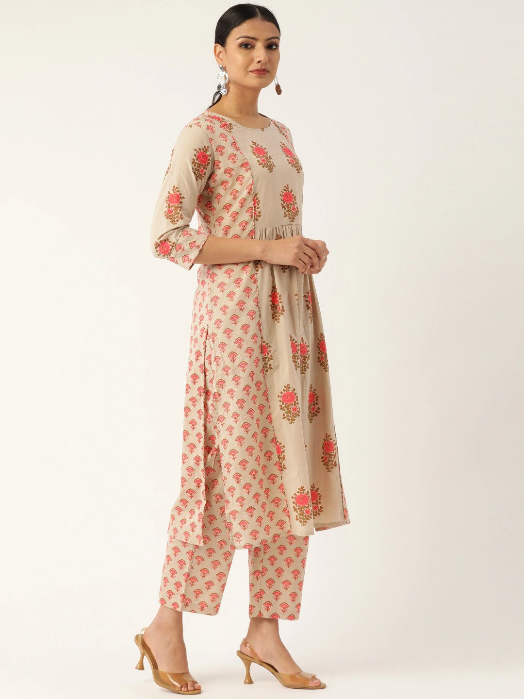 Women Beige & Pink Printed Kurta with Palazzos | NOZ2TOZ - Made In INDIA.