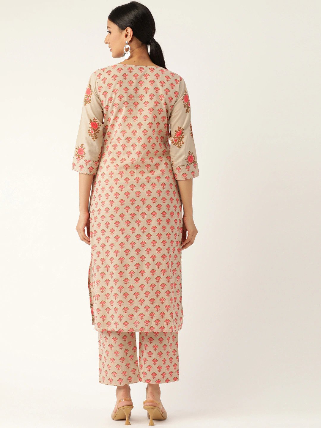 Women Beige & Pink Printed Kurta with Palazzos | NOZ2TOZ - Made In INDIA.