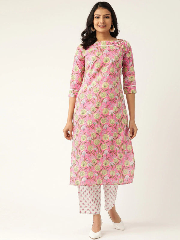 Women Pink & White Printed Kurta with Palazzos | NOZ2TOZ - Made In INDIA.