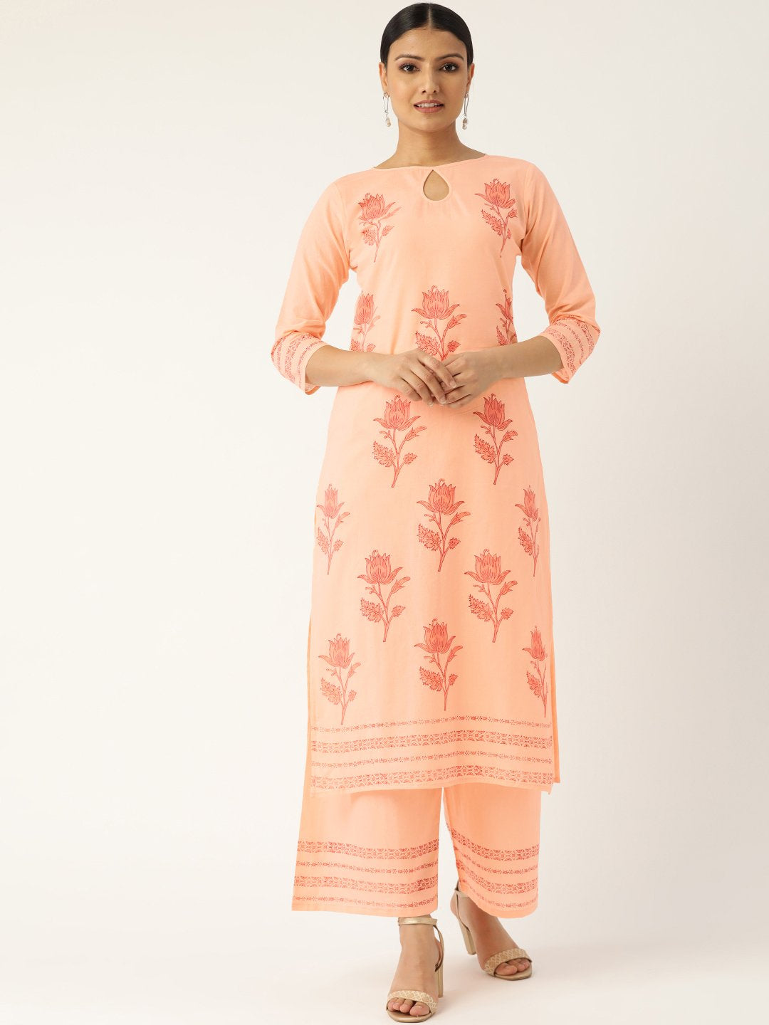 Women Peach-Coloured & Red Printed Kurta with Palazzos | NOZ2TOZ - Made In INDIA.