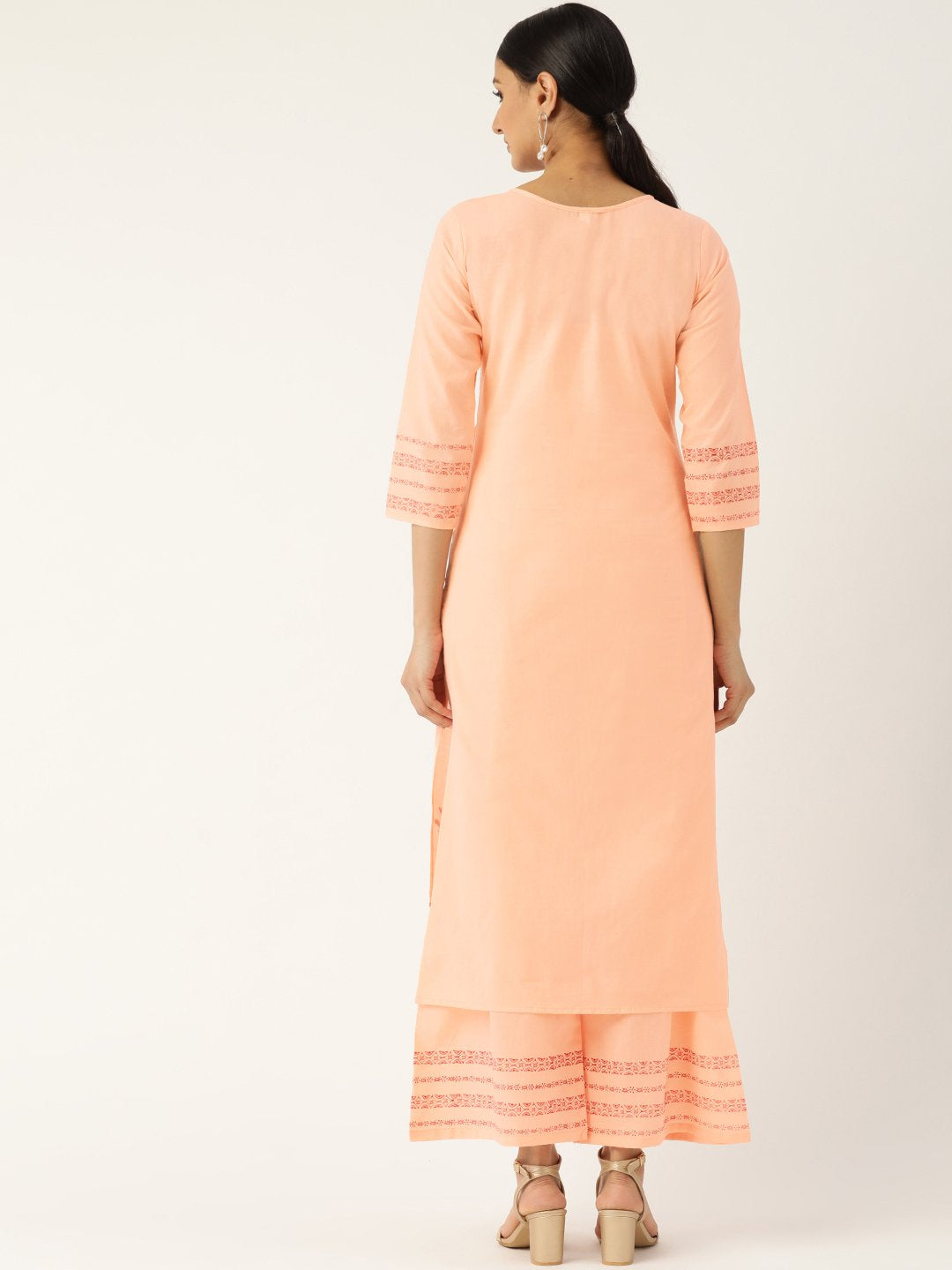 Women Peach-Coloured & Red Printed Kurta with Palazzos | NOZ2TOZ - Made In INDIA.