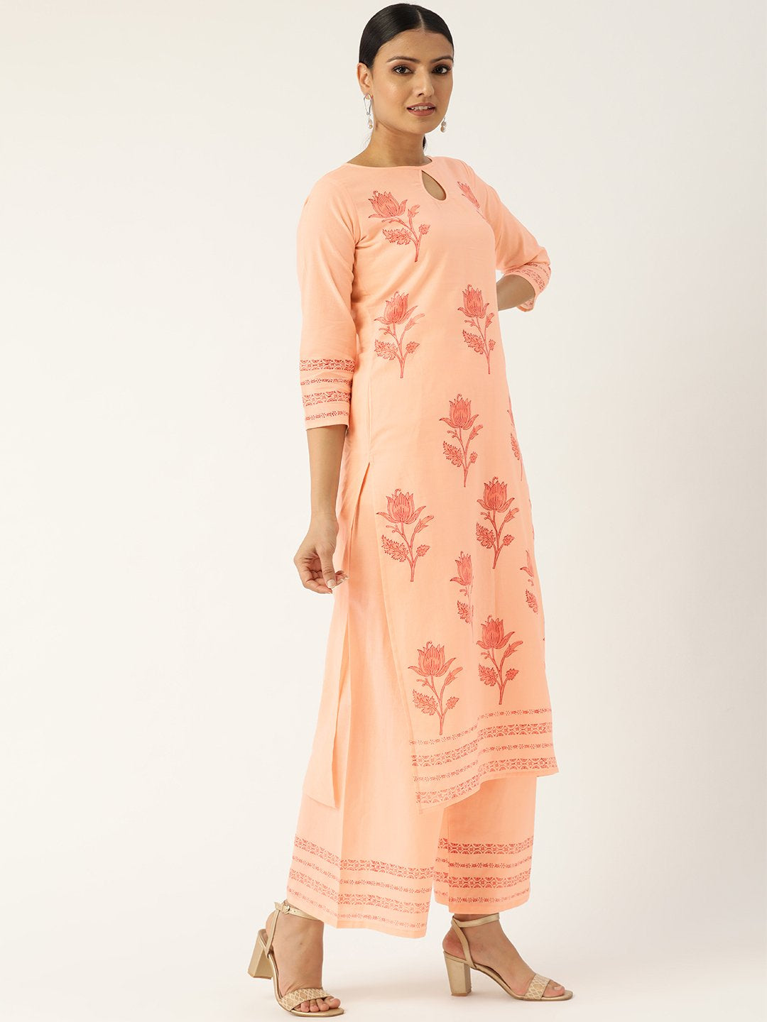 Women Peach-Coloured & Red Printed Kurta with Palazzos | NOZ2TOZ - Made In INDIA.