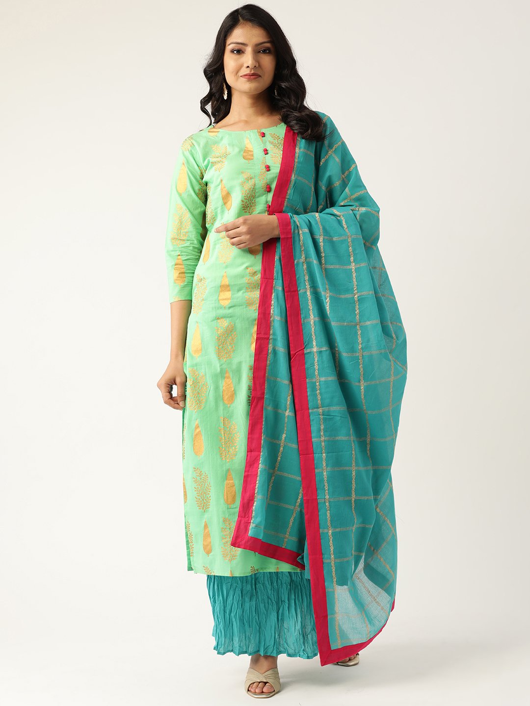 Women Green & Turquoise Blue Printed Kurta with Skirt & Dupatta | NOZ2TOZ - Made In INDIA.