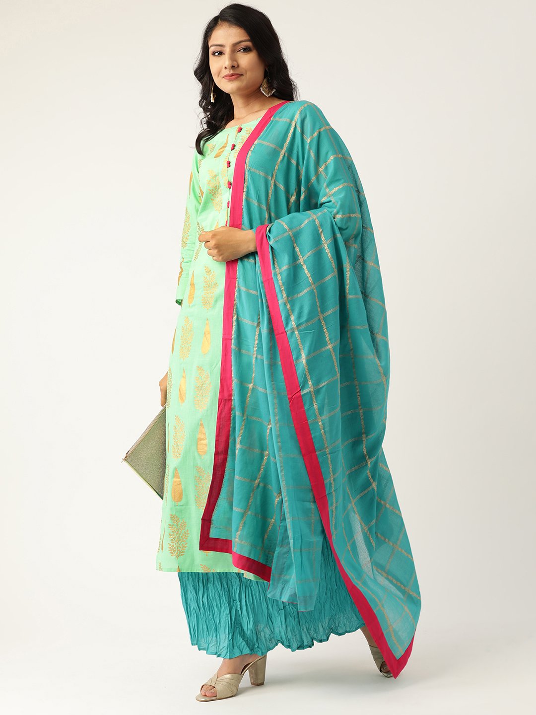 Women Green & Turquoise Blue Printed Kurta with Skirt & Dupatta | NOZ2TOZ - Made In INDIA.