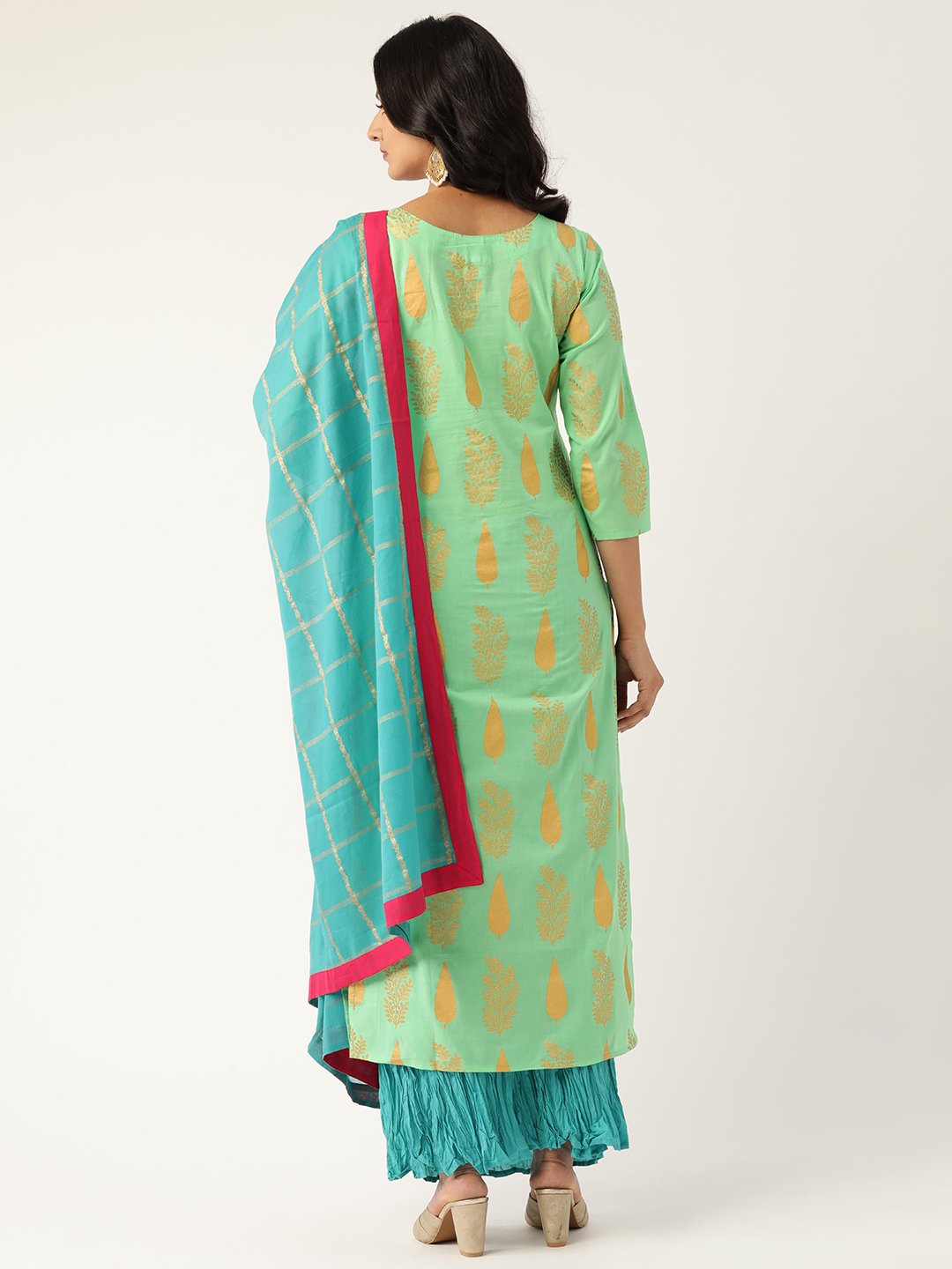 Women Green & Turquoise Blue Printed Kurta with Skirt & Dupatta | NOZ2TOZ - Made In INDIA.