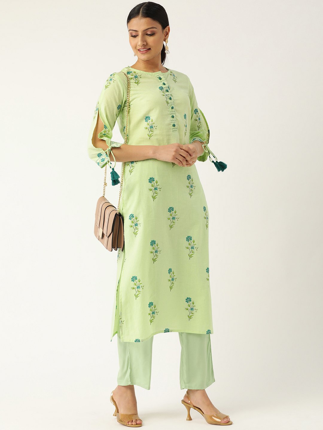 Women Pista Green Calf Length Three-Quarter Sleeves Straight Floral Printed Cotton Kurta | NOZ2TOZ - Made In INDIA.