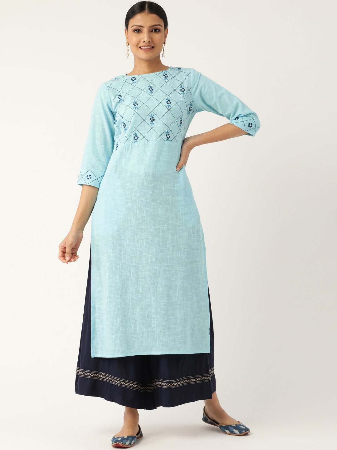 Women Blue Calf Length Three-Quarter Sleeves Straight Solid Embroidered Cotton Kurta | NOZ2TOZ - Made In INDIA.