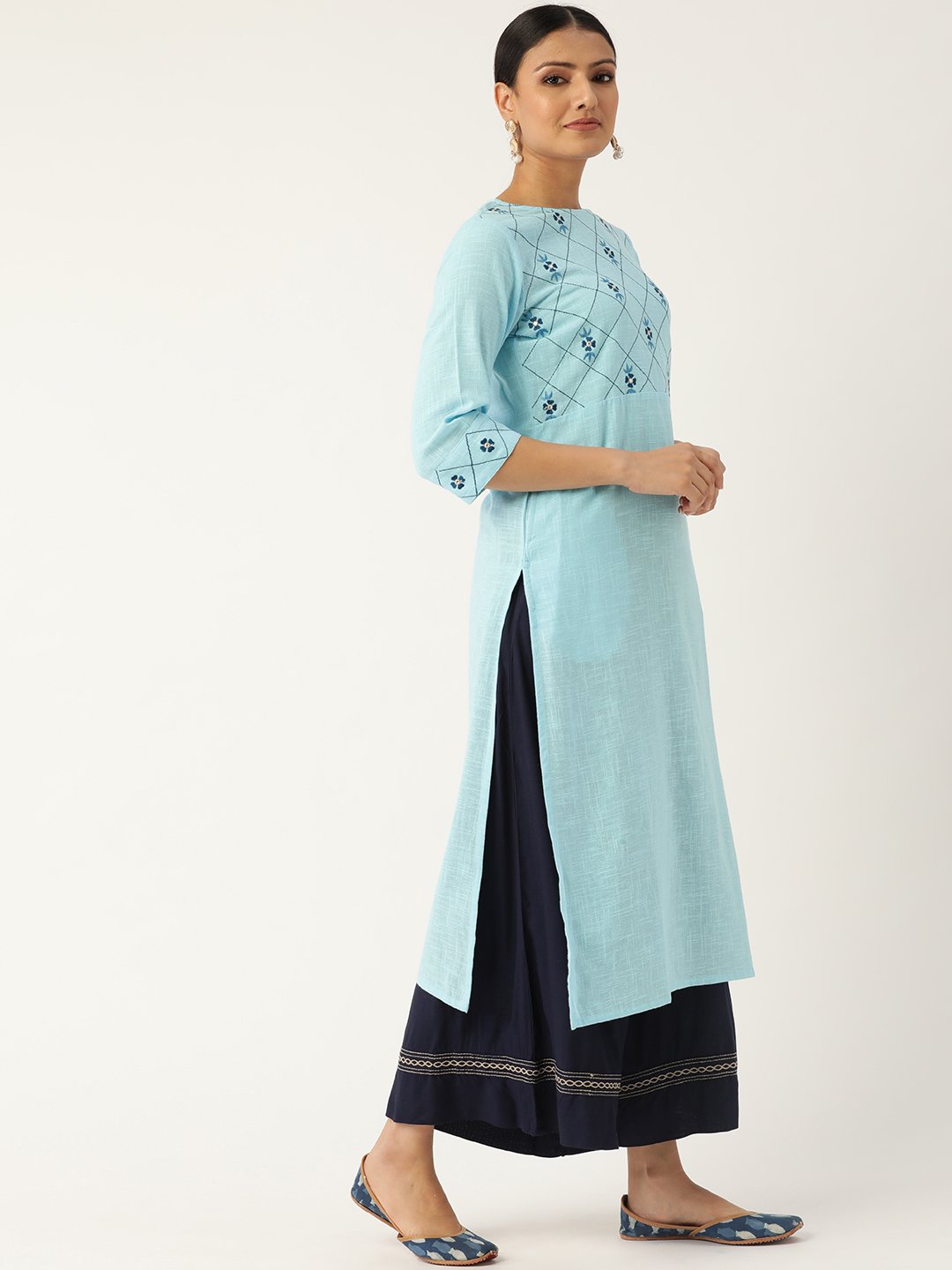 Women Blue Calf Length Three-Quarter Sleeves Straight Solid Embroidered Cotton Kurta | NOZ2TOZ - Made In INDIA.