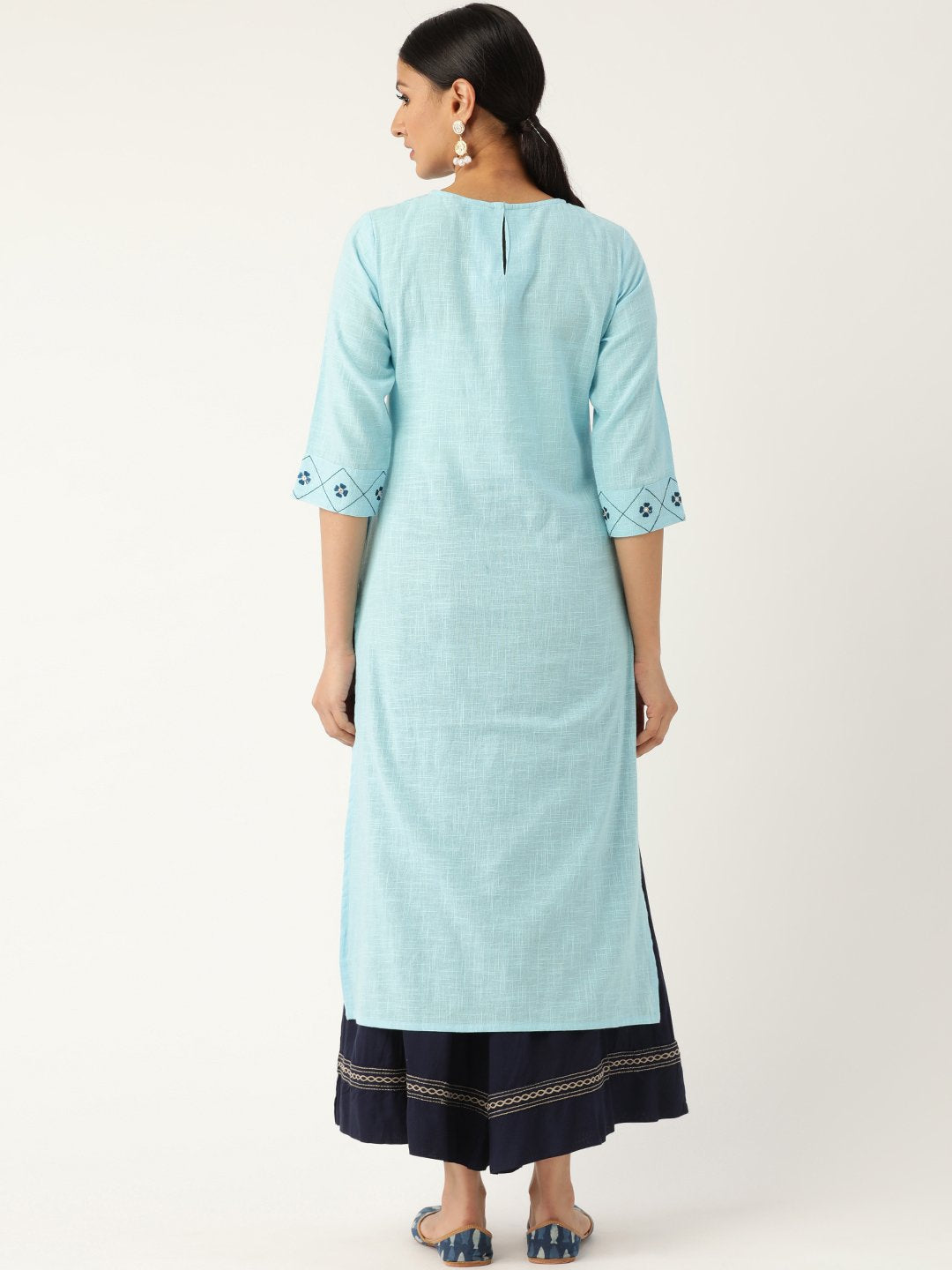 Women Blue Calf Length Three-Quarter Sleeves Straight Solid Embroidered Cotton Kurta | NOZ2TOZ - Made In INDIA.