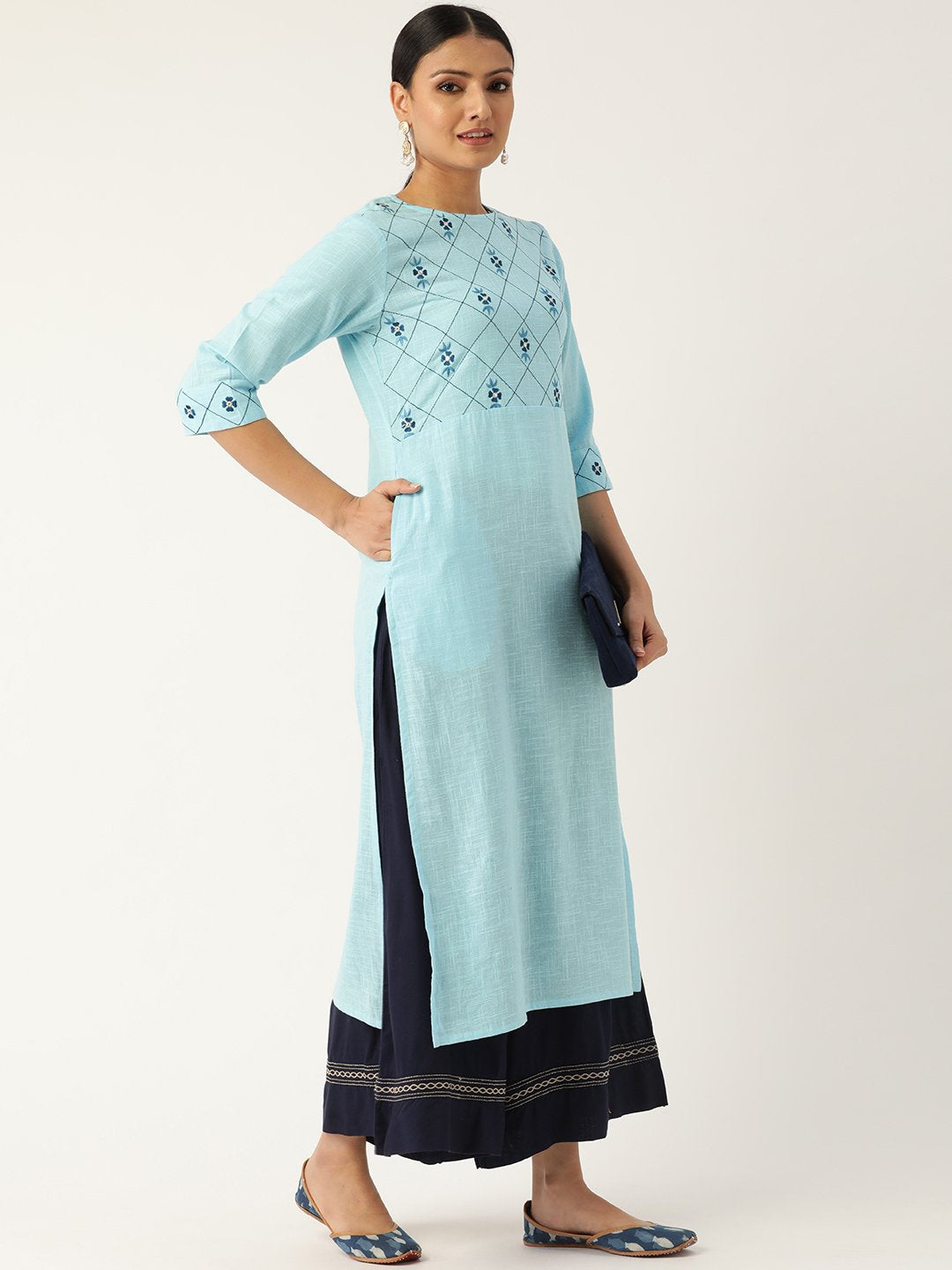 Women Blue Calf Length Three-Quarter Sleeves Straight Solid Embroidered Cotton Kurta | NOZ2TOZ - Made In INDIA.