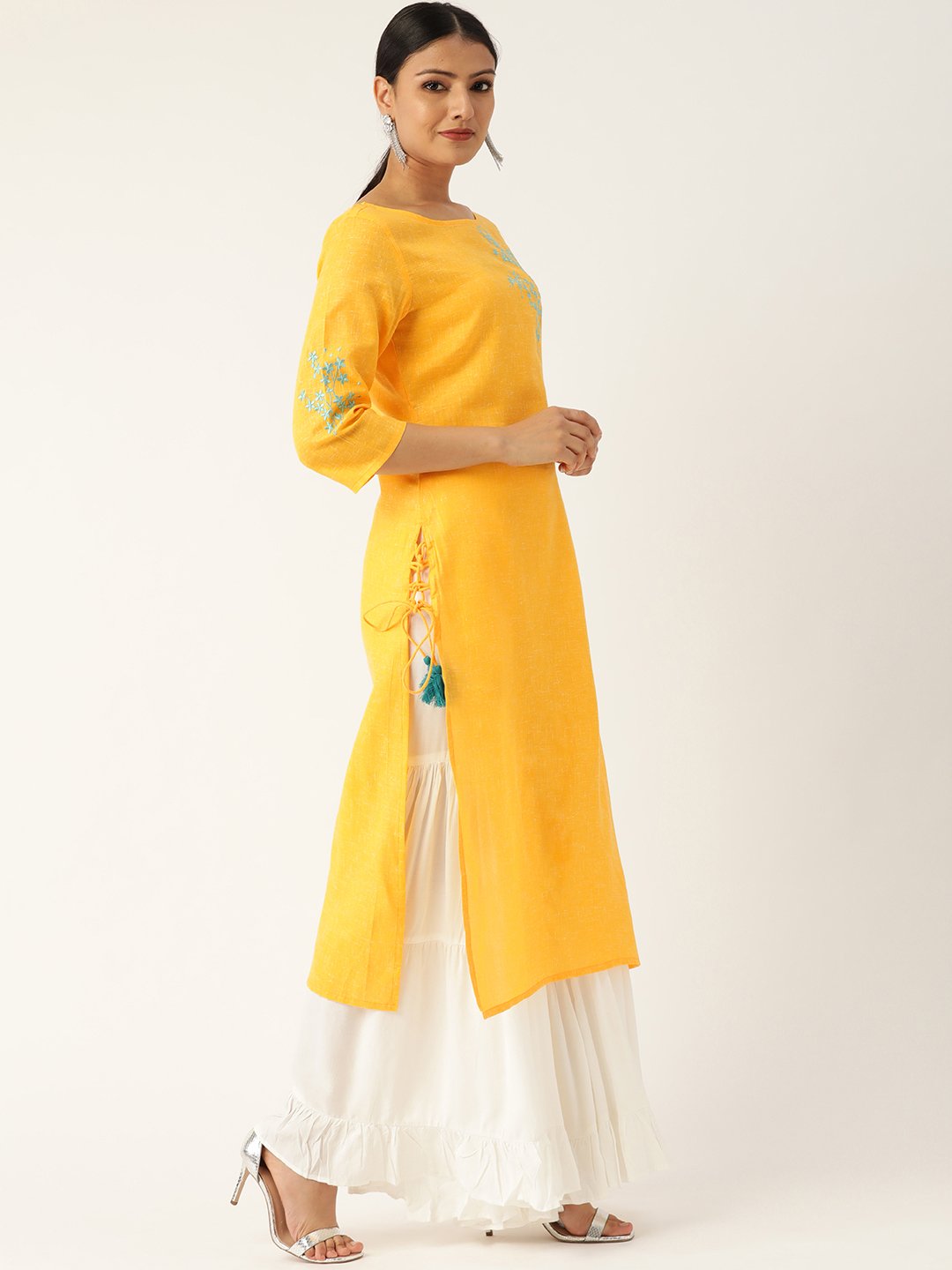 Women Yellow Calf Length Three-Quarter Sleeves Straight Solid Embroidered Cotton Kurta | NOZ2TOZ - Made In INDIA.