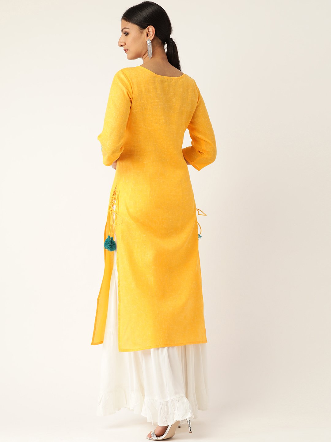 Women Yellow Calf Length Three-Quarter Sleeves Straight Solid Embroidered Cotton Kurta | NOZ2TOZ - Made In INDIA.