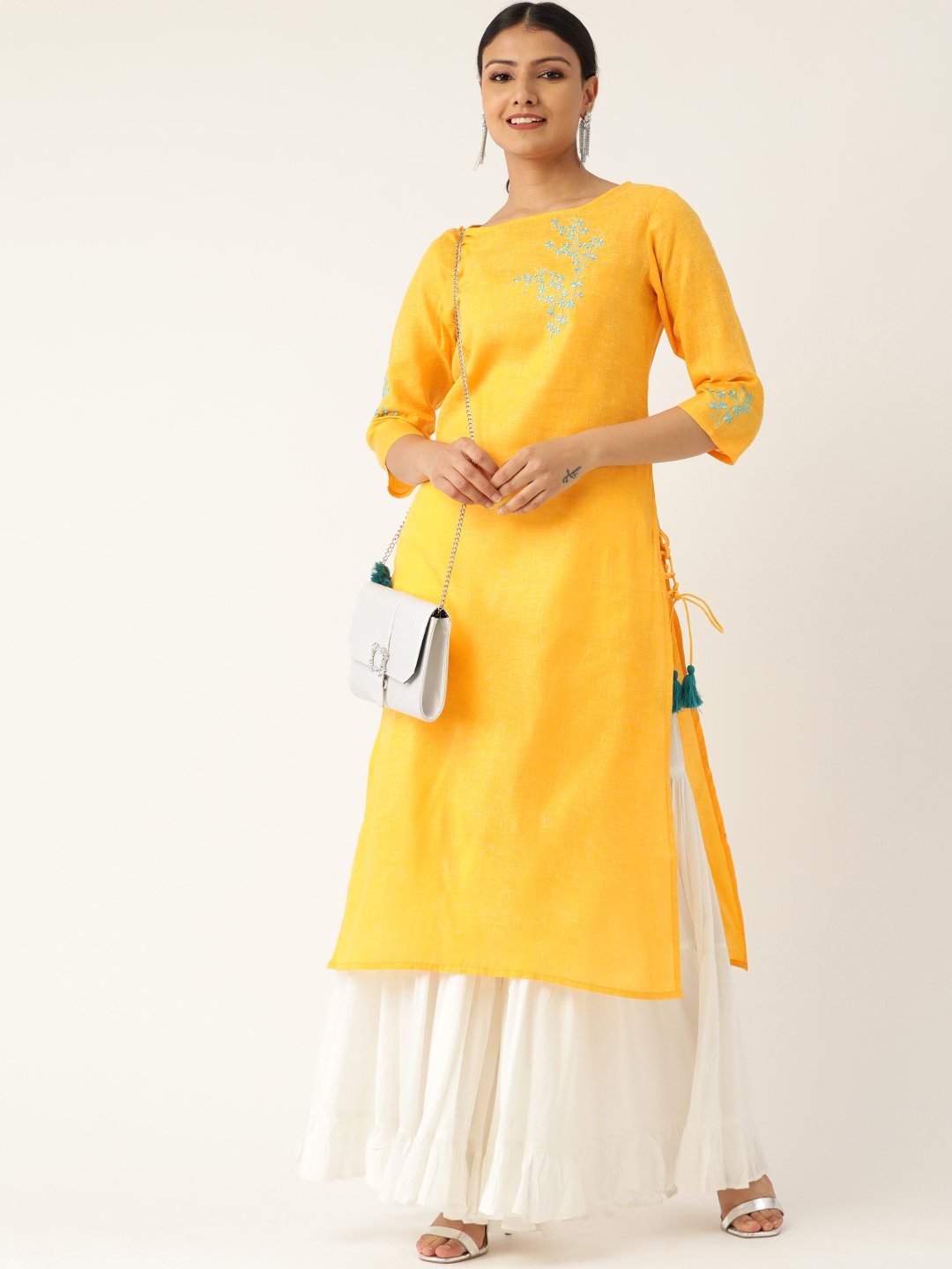 Women Yellow Calf Length Three-Quarter Sleeves Straight Solid Embroidered Cotton Kurta | NOZ2TOZ - Made In INDIA.