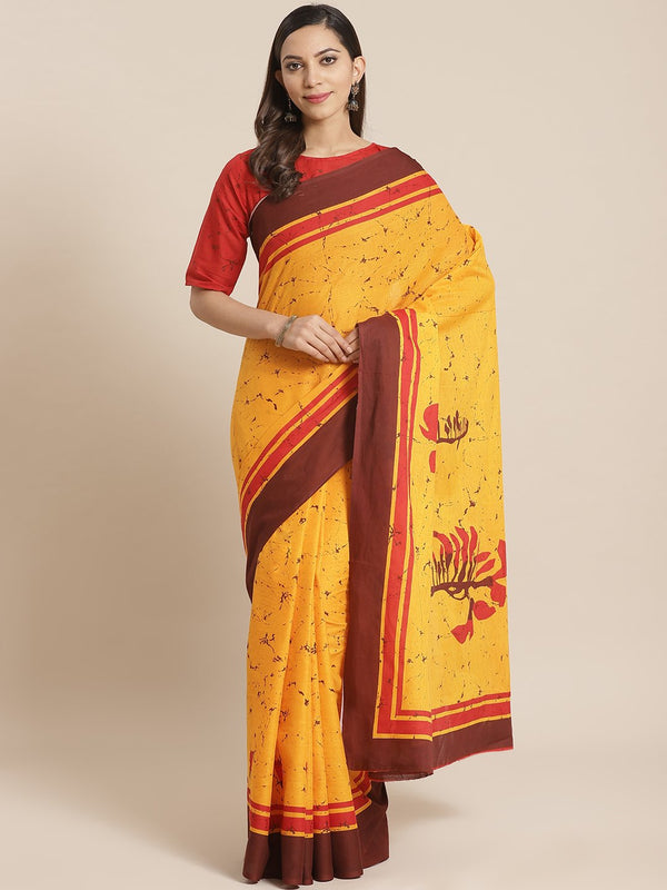 Women yellow and maroon printed Saree with atteched blouse piece | NOZ2TOZ - Made In INDIA.