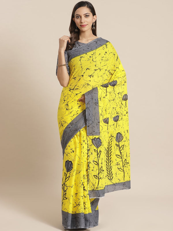 Women yellow and grey printed Saree with atteched blouse piece | NOZ2TOZ - Made In INDIA.