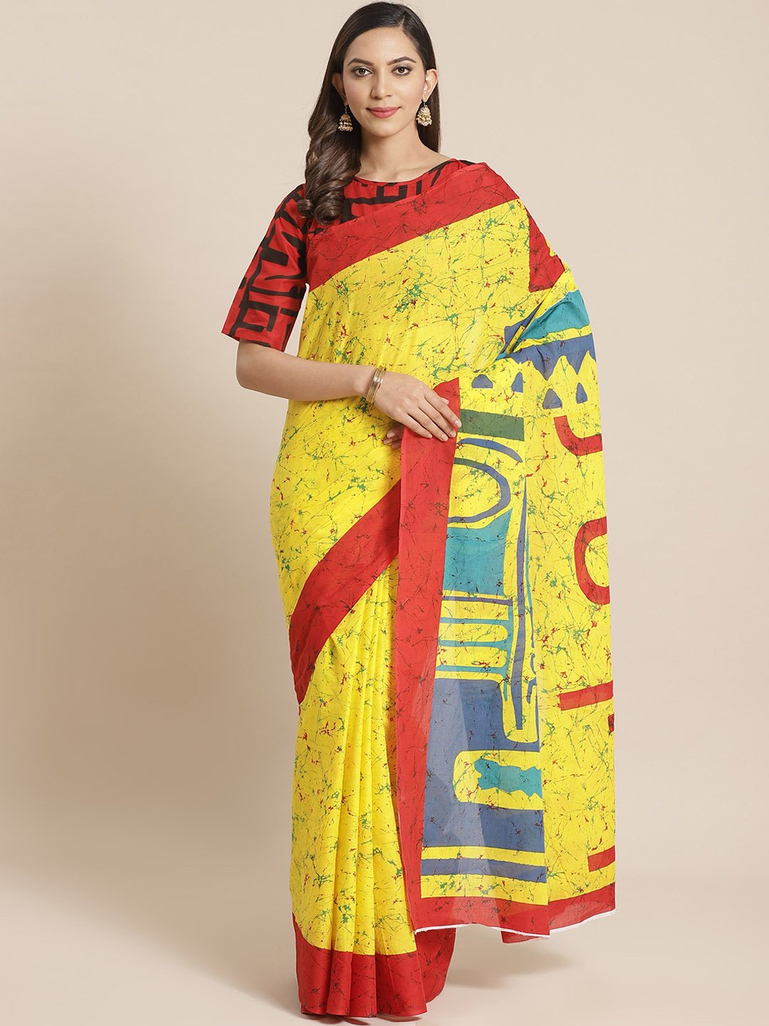 Women yellow and red printed Saree with atteched blouse piece | NOZ2TOZ - Made In INDIA.