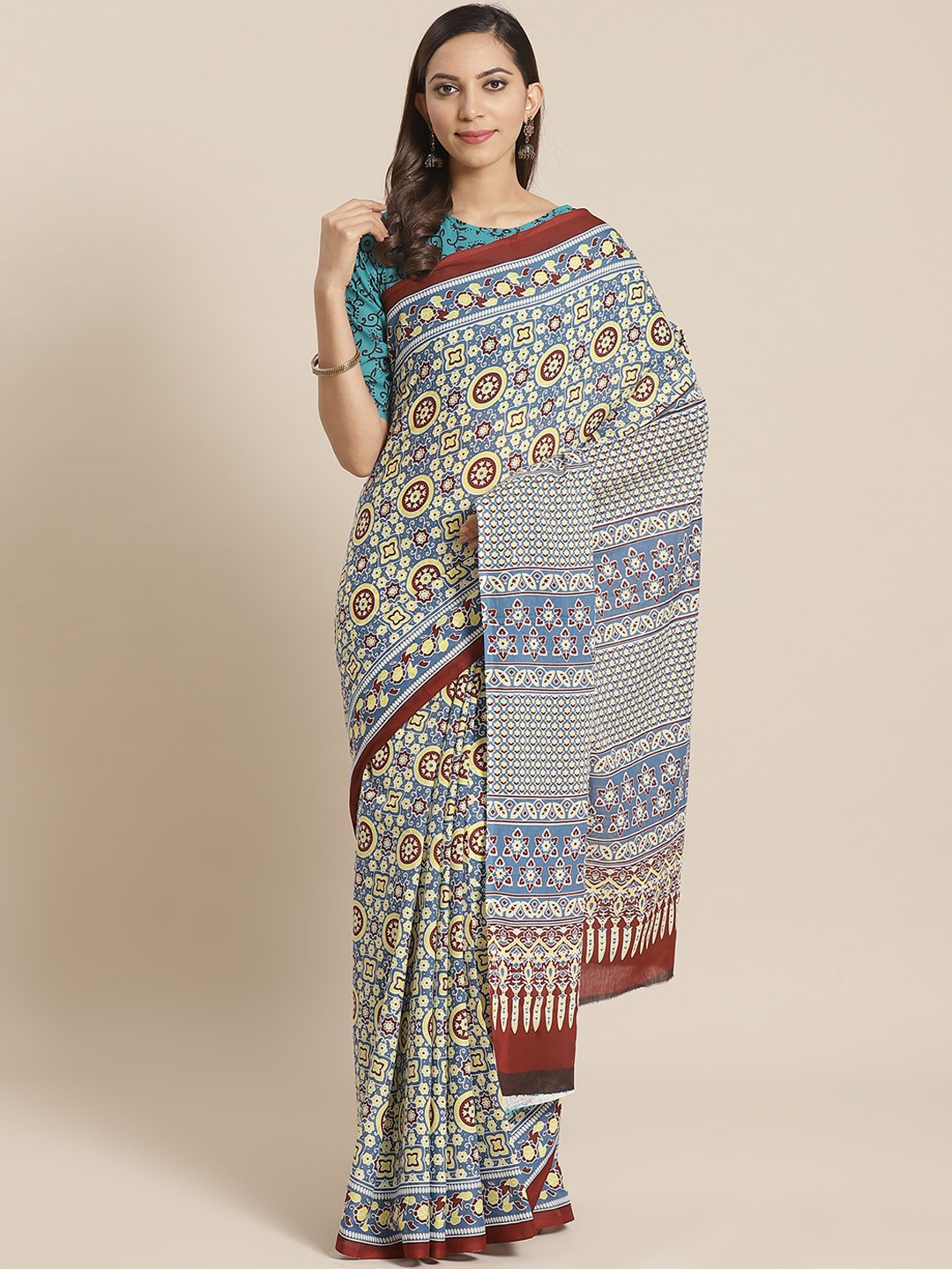 Women Blue ethnic printed Saree with atteched blouse piece | NOZ2TOZ - Made In INDIA.