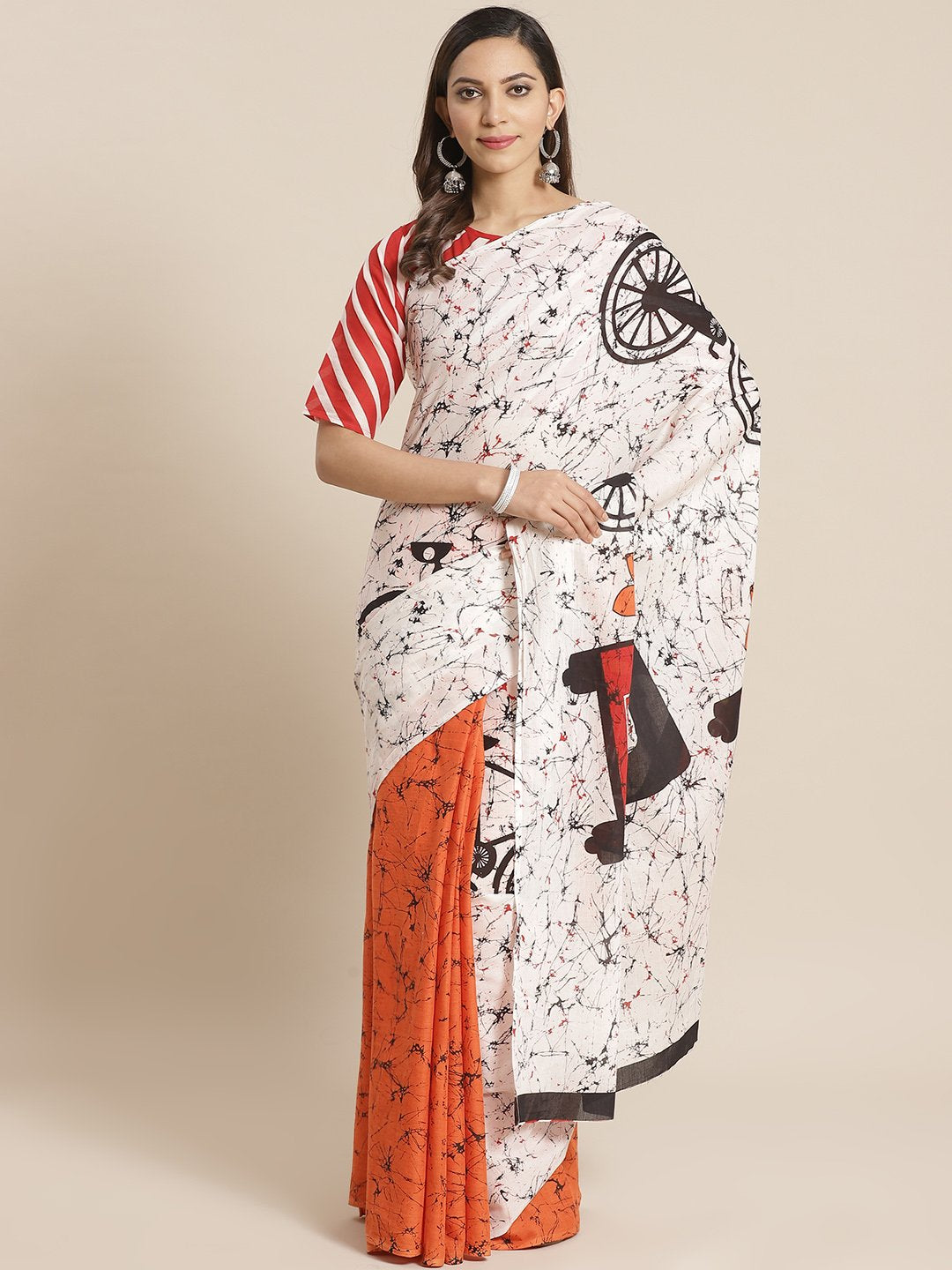 Women offwhite and orange ethnic printed Saree with atteched blouse piece | NOZ2TOZ - Made In INDIA.