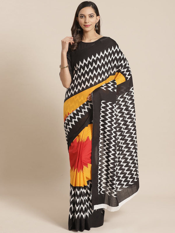 Women Orange and Black zig-zag printed Saree with atteched blouse piece | NOZ2TOZ - Made In INDIA.