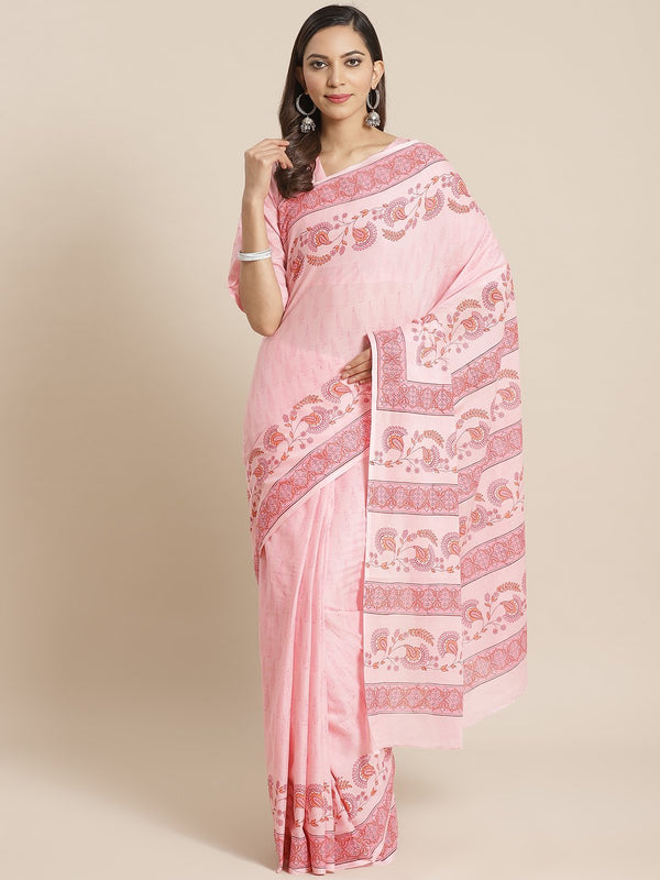 Women Pink floral printed Saree with atteched blouse piece | NOZ2TOZ - Made In INDIA.