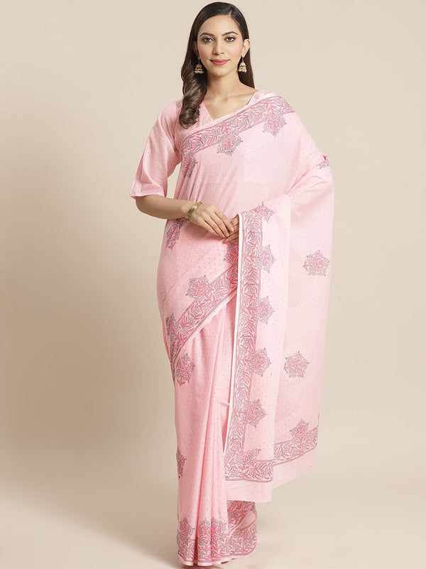 Women Pink floral printed Saree with atteched blouse piece | NOZ2TOZ - Made In INDIA.