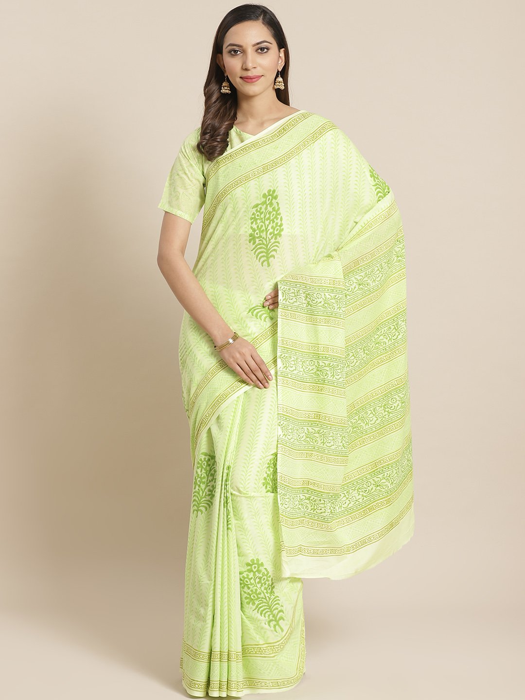 Women Green Ethnic floral printed Saree with atteched blouse piece | NOZ2TOZ - Made In INDIA.