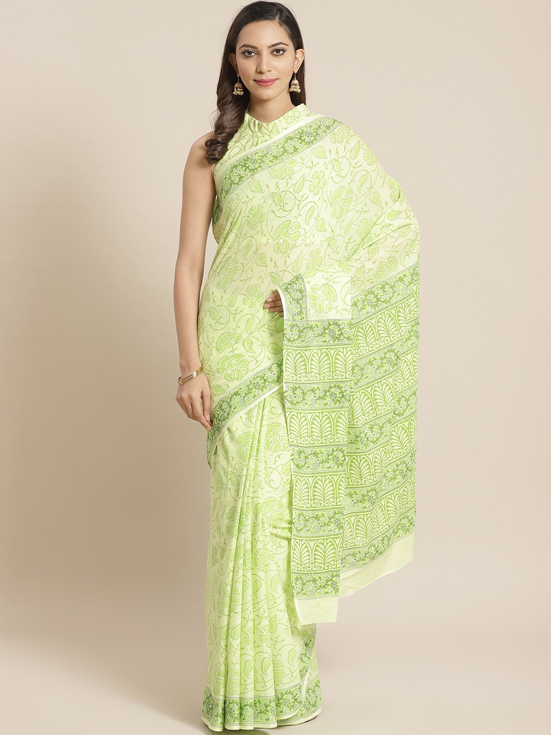 Women Green Ethnic floral bail printed Saree with atteched blouse piece | NOZ2TOZ - Made In INDIA.