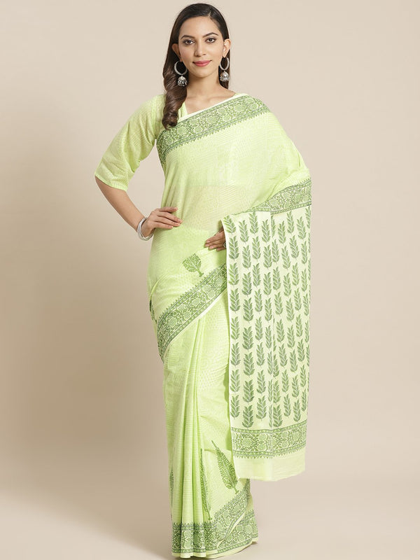 Women Green Ethnic print Saree with atteched blouse piece | NOZ2TOZ - Made In INDIA.