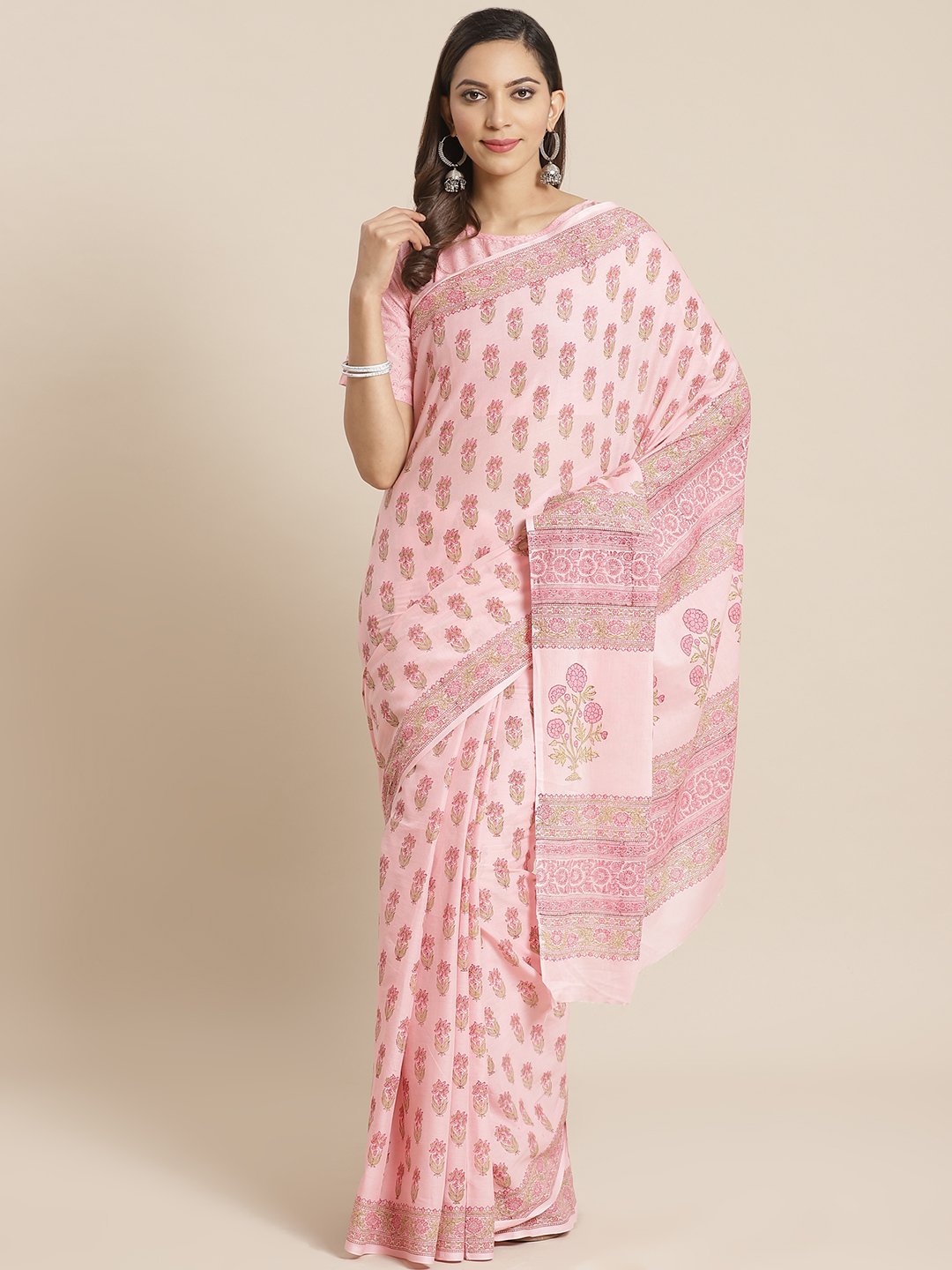 Women Pink and Green Ethnic print Saree with atteched blouse piece | NOZ2TOZ - Made In INDIA.