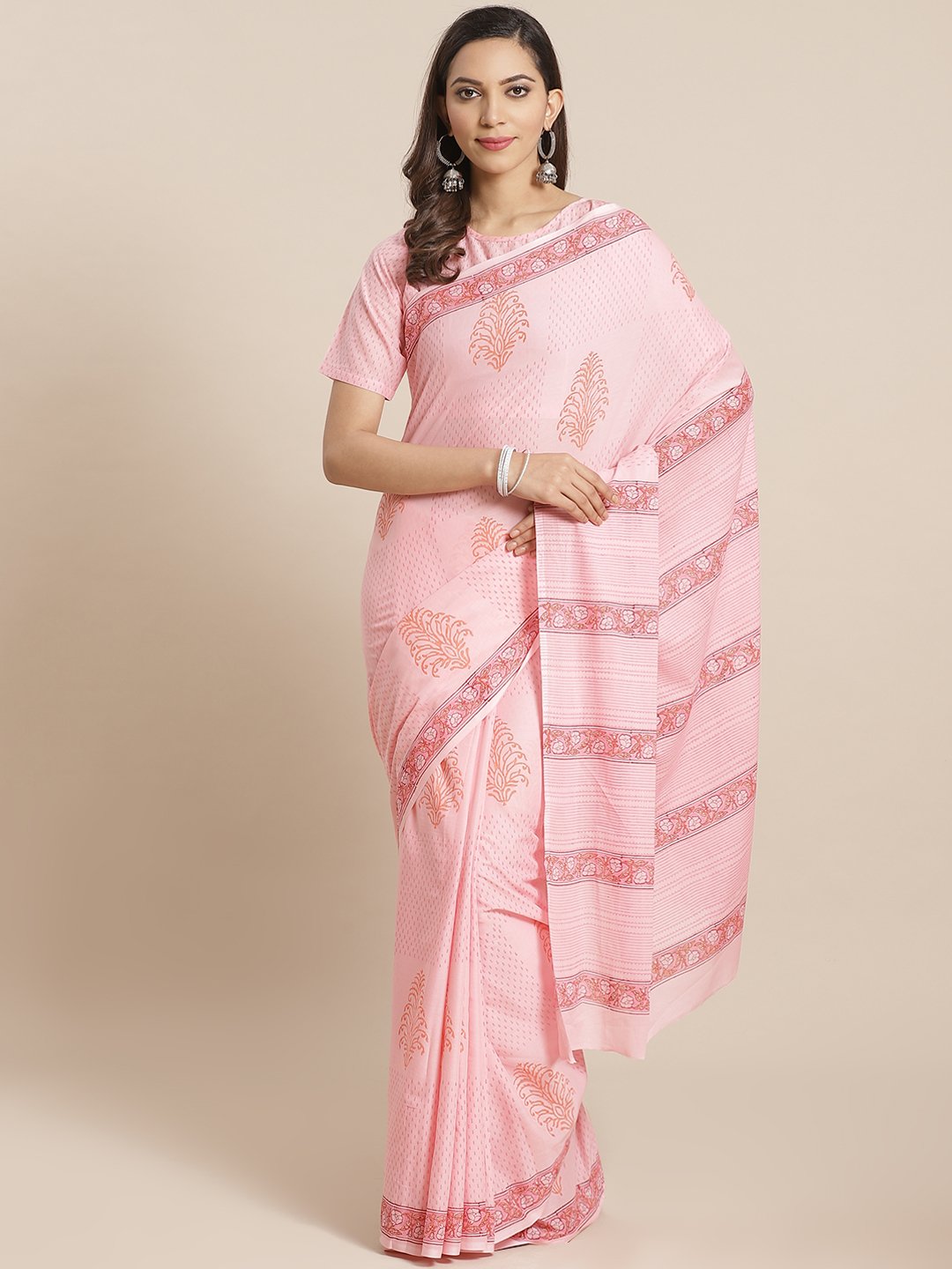 Women Pink and Orange Ethnic Geometric print Saree with atteched blouse piece | NOZ2TOZ - Made In INDIA.