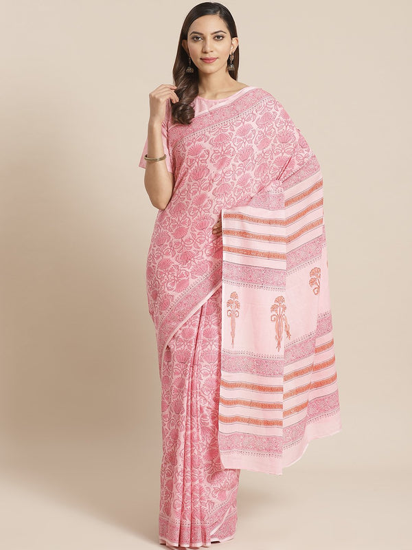 Women Pink Ethnic print Saree with atteched blouse piece | NOZ2TOZ - Made In INDIA.