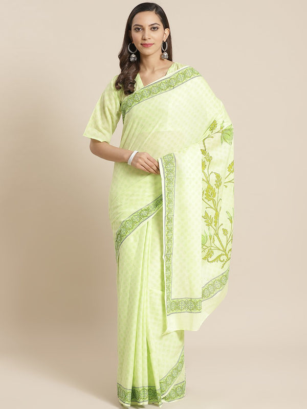 Women limegreen Ethnic print Saree with atteched blouse piece | NOZ2TOZ - Made In INDIA.